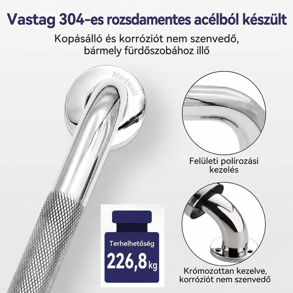 Rozsdamentes acél fürdőszobai kapaszkodó részletei és terhelhetősége.