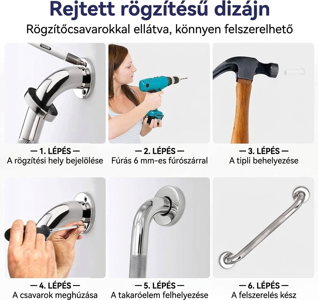 A kapaszkodó hat lépésből álló felszerelési útmutatója illusztrációkkal.