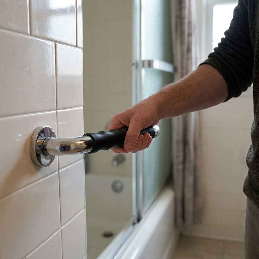 Bathroom Grab Bar with Non-Slip Silicone Grip - in use