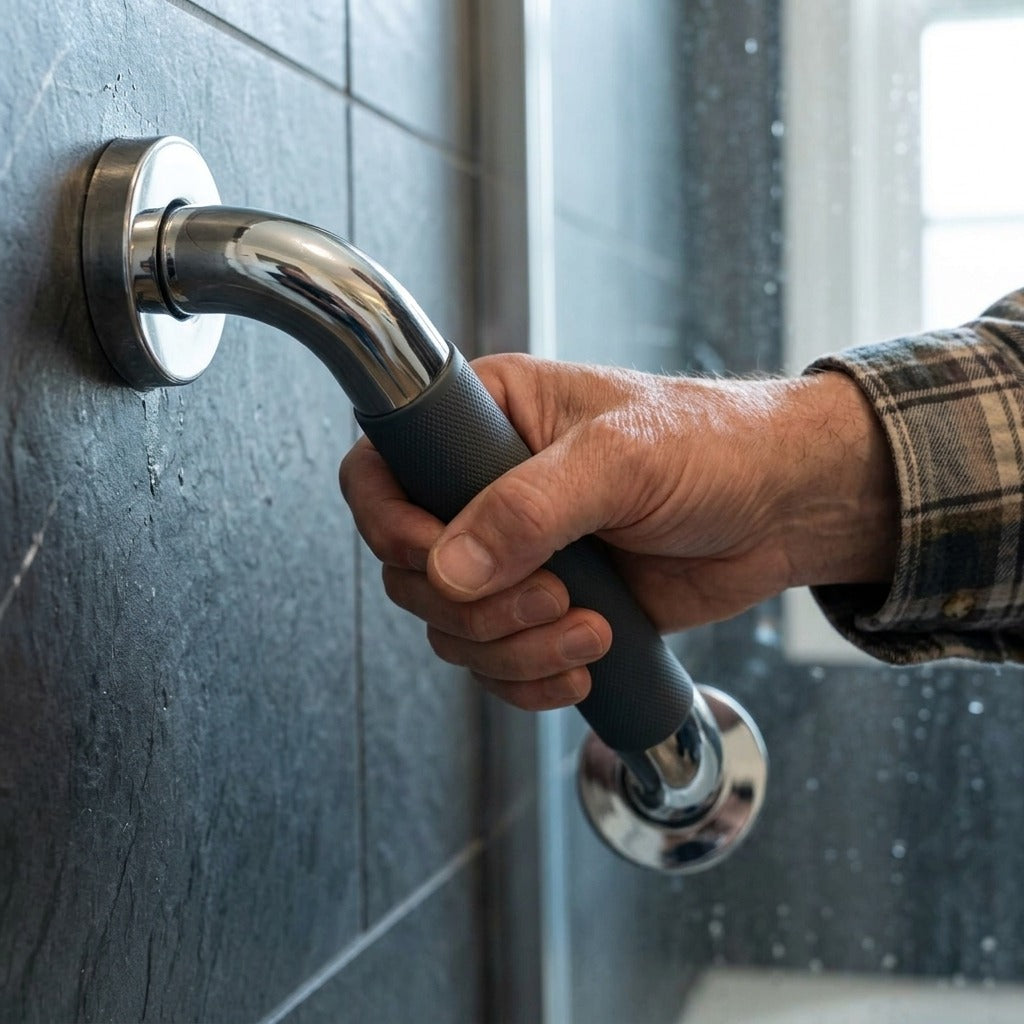 Bathroom Grab Bar with Silicone Anti-Slip Handle - in use