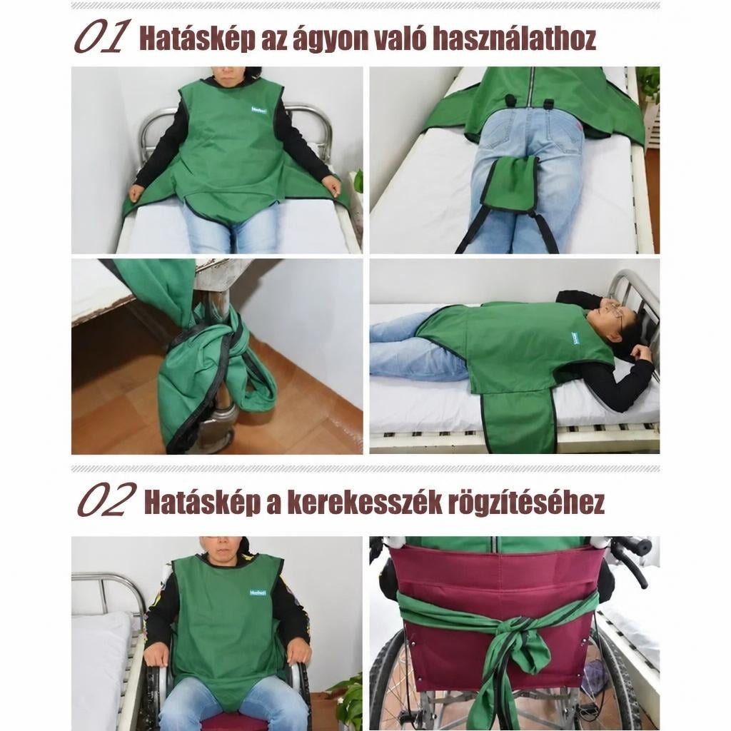 A biztonsági mellény rögzítésének bemutatása ágyon és kerekesszékben.
