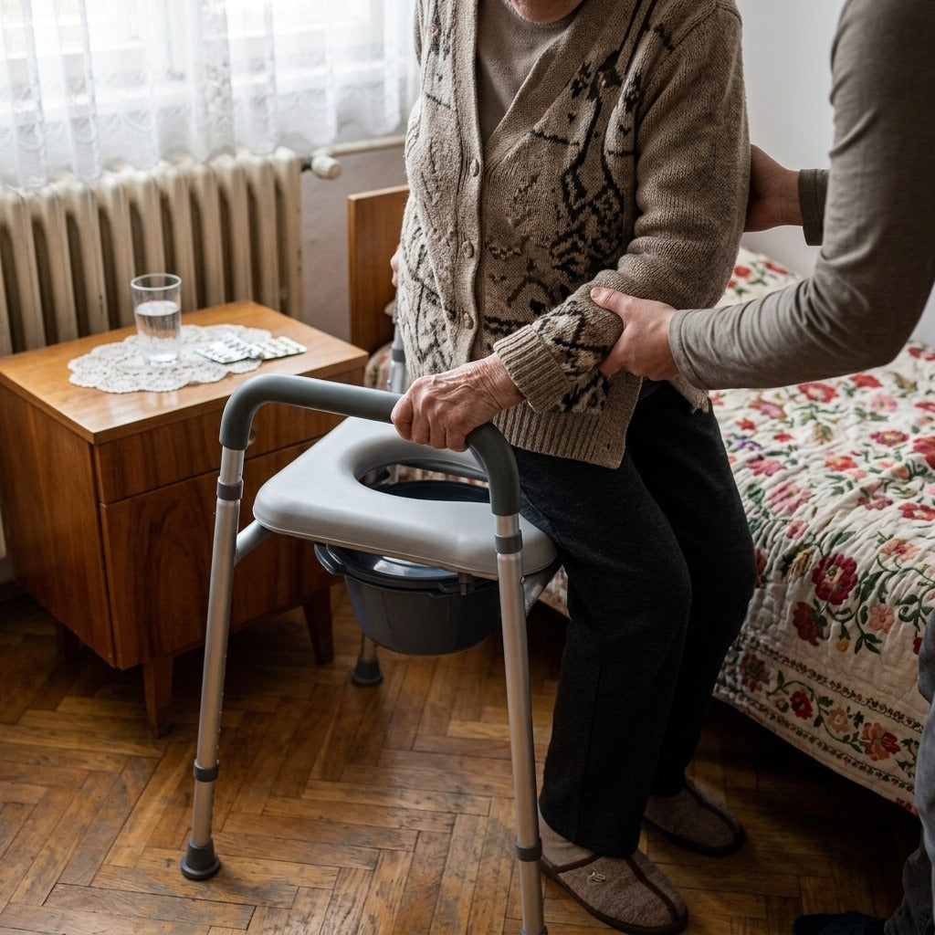 Ágy melletti WC párnázott ülőkével és karfával - használat közben