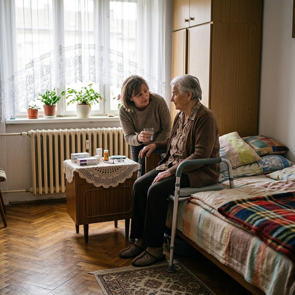 Ágy melletti WC párnázott ülőkével és karfával - otthon