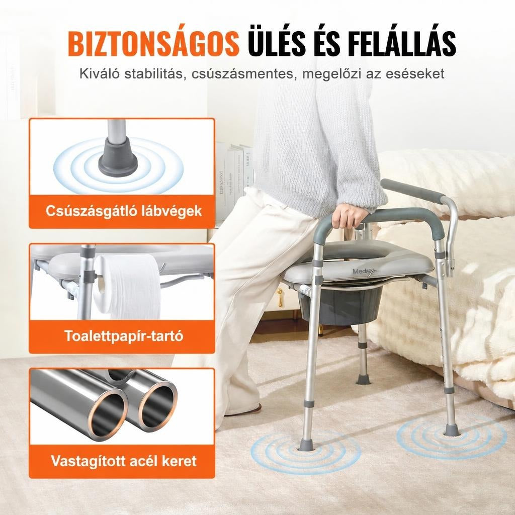 Szoba-wc biztonságos felállást segítő kapaszkodókkal, csúszásgátló lábakkal és vécépapírtartóval.