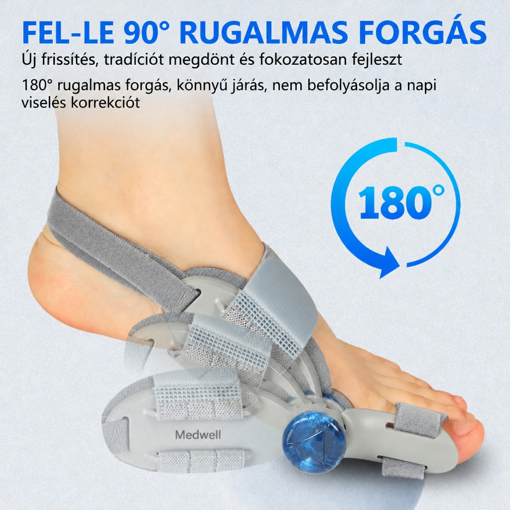 Lábfejre rögzített bütyökkorrigáló sín rugalmas 180 fokos forgással a könnyű járásért.