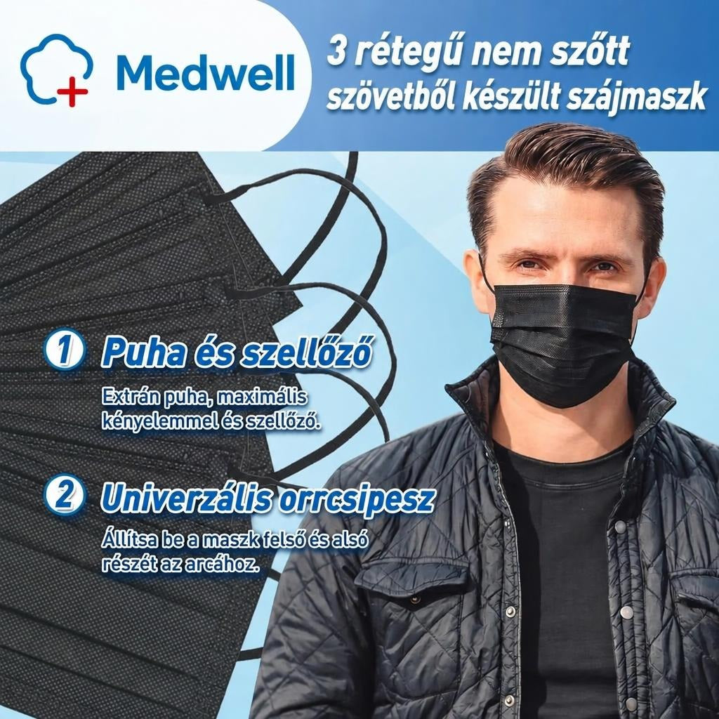 Férfi fekete szájmaszkban, mellette a termék kiemelt tulajdonságaival.