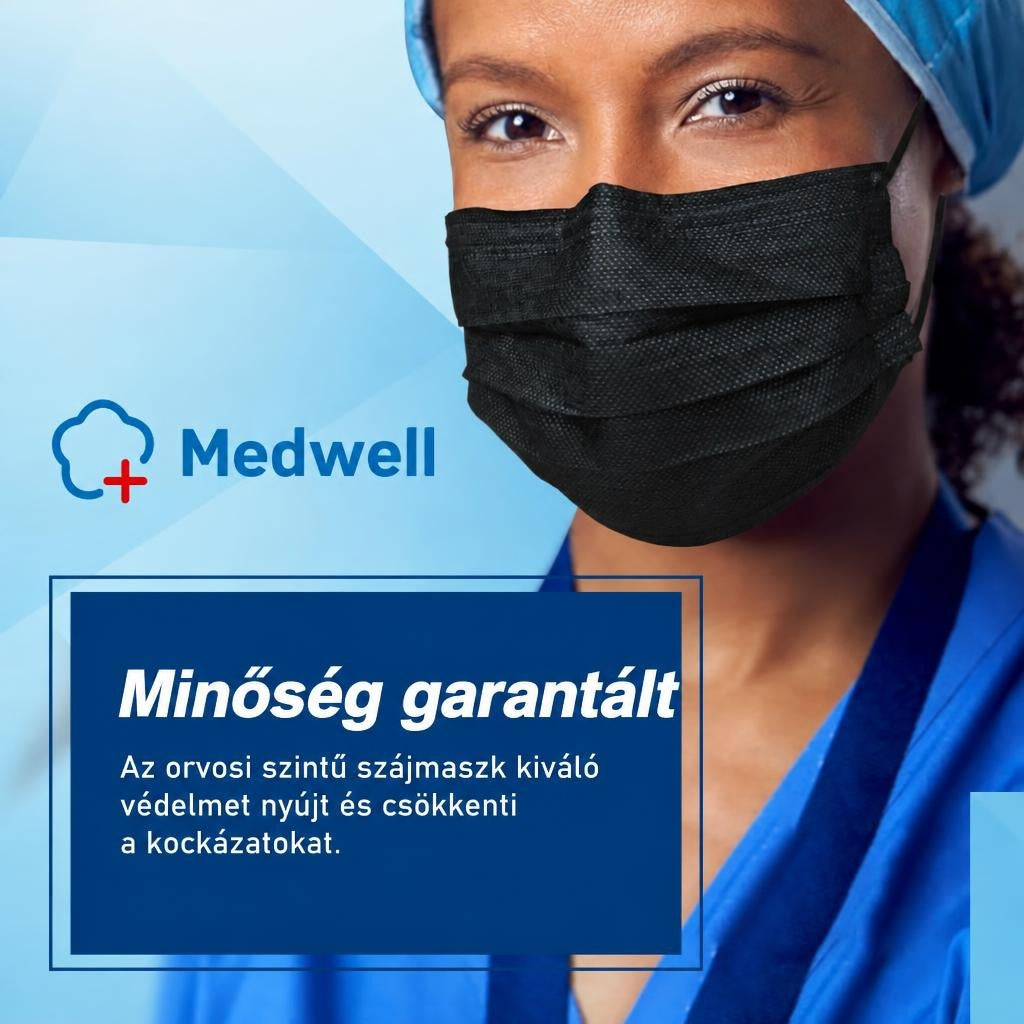 Egészségügyi dolgozó fekete orvosi szájmaszkban.