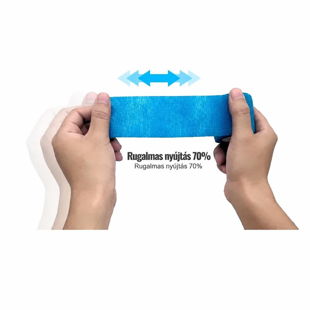 Két kézzel széthúzott kék rugalmas pólya a 70%-os nyújthatóságot szemléltetve.