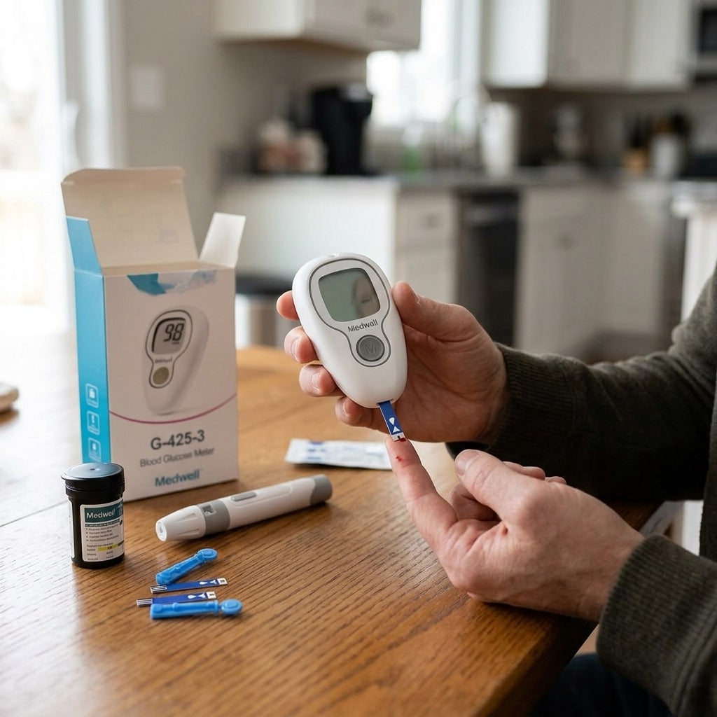 Blood Glucose Monitor Kit with Strips and Lancets - in use