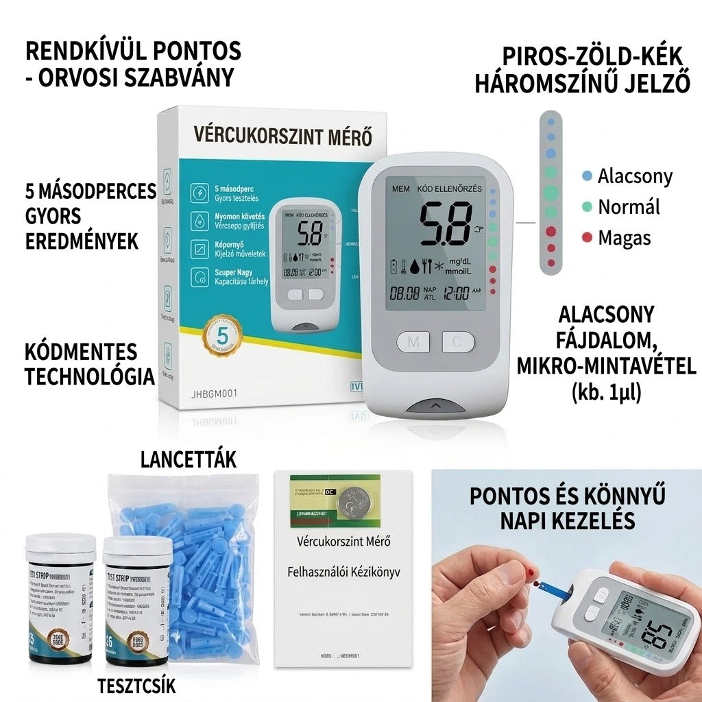 Vércukorszint-mérő pontos technológiával, tri-szín kijelzővel és felhasználói kézikönyvvel