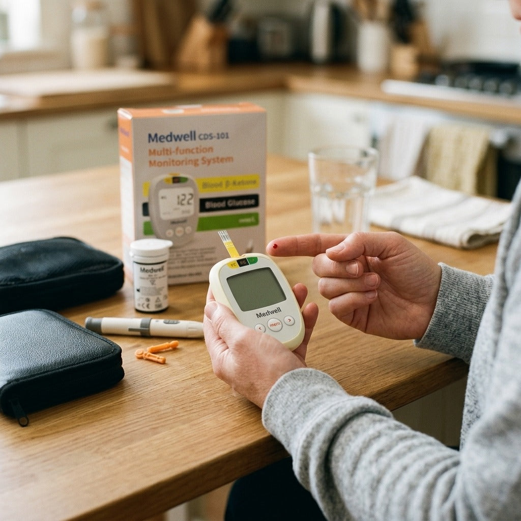 Blood Ketone Monitoring Starter Kit with Meter, 50 Strips, 50 Lancets - in use