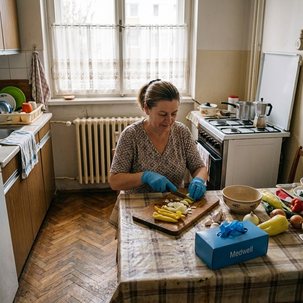 Kék, púdermentes nitril eldobható kesztyű - a mindennapokban