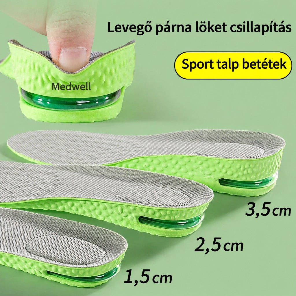 Különböző vastagságú zöld sport talpbetétek légpárnás ütéscsillapítással.