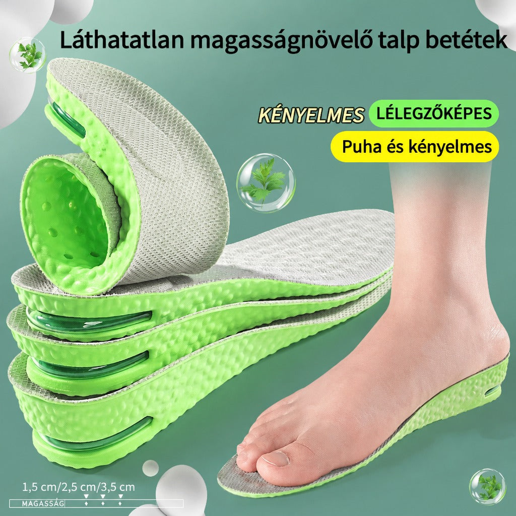 Zöld, kényelmes magasságnövelő talpbetétek több választható magasságban, lábbal szemléltetve.