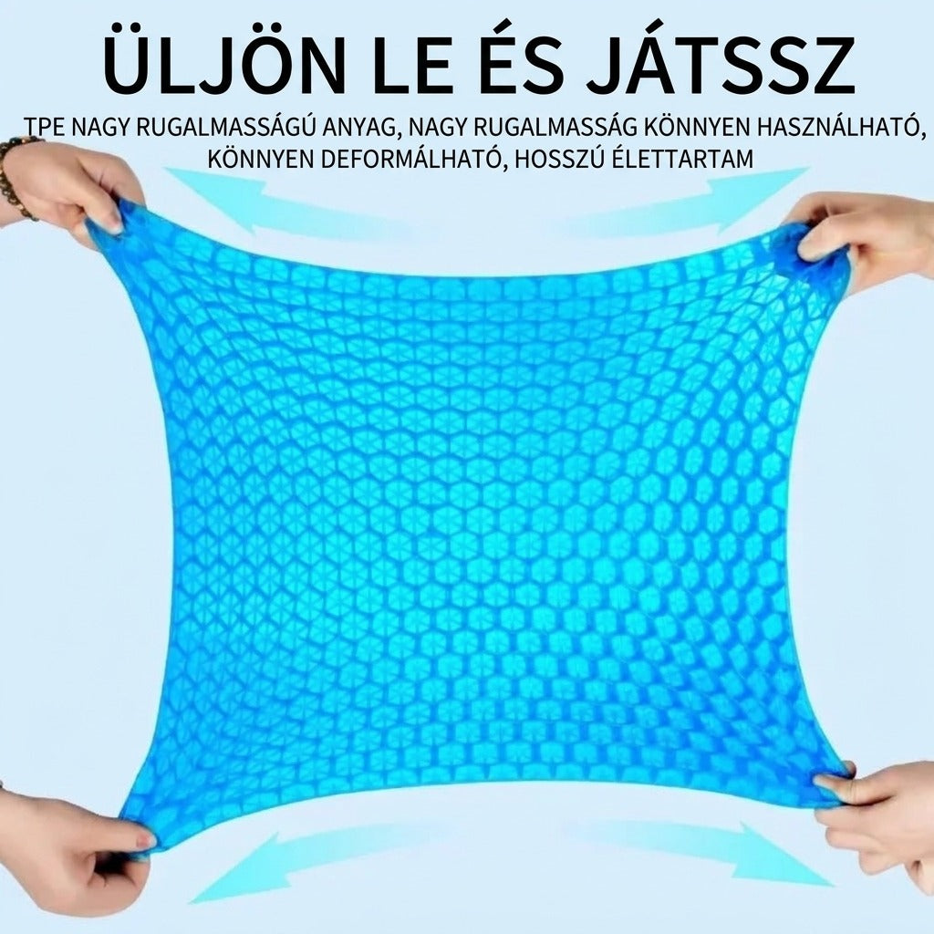Négy kéz által széthúzott kék, rugalmas zselés ülőpárna.