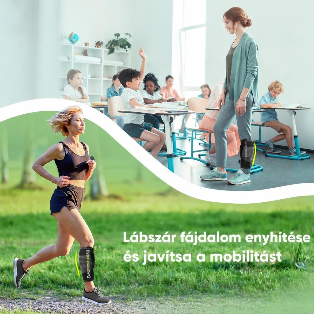 Futó nő és tanárnő lábszárvédőben a fájdalom enyhítésére és a mobilitás növelésére.