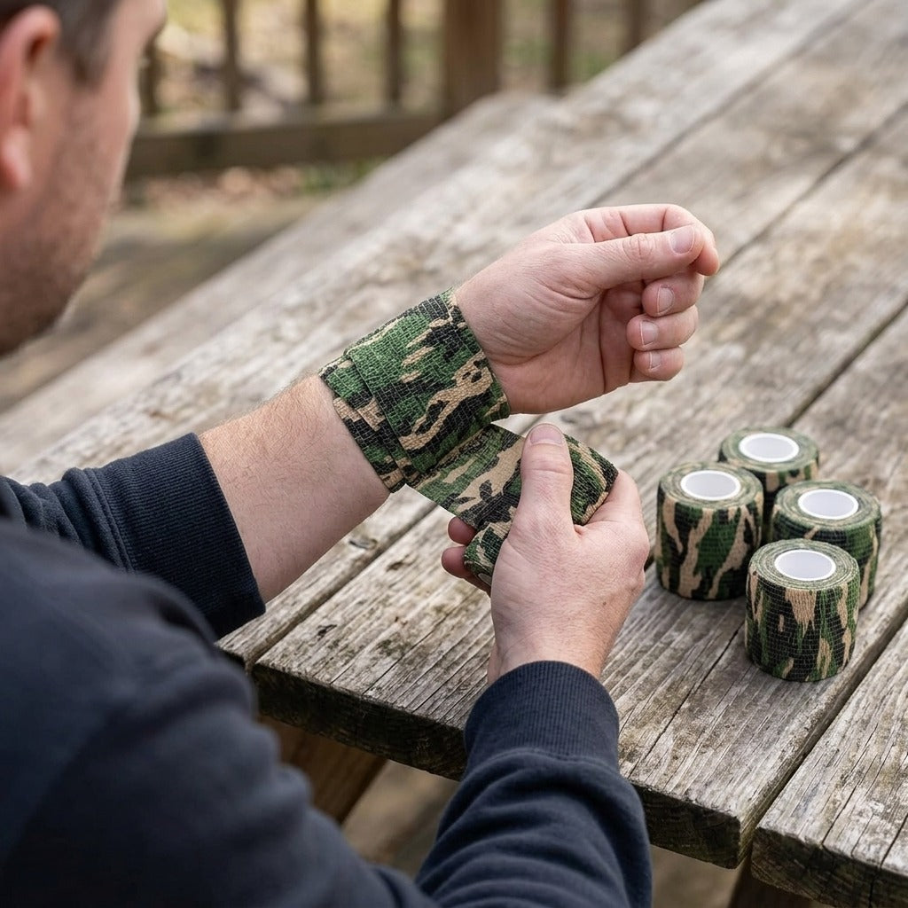 Camouflage Self-Adhesive Cohesive Wraps, 6 or 12 Rolls - in use