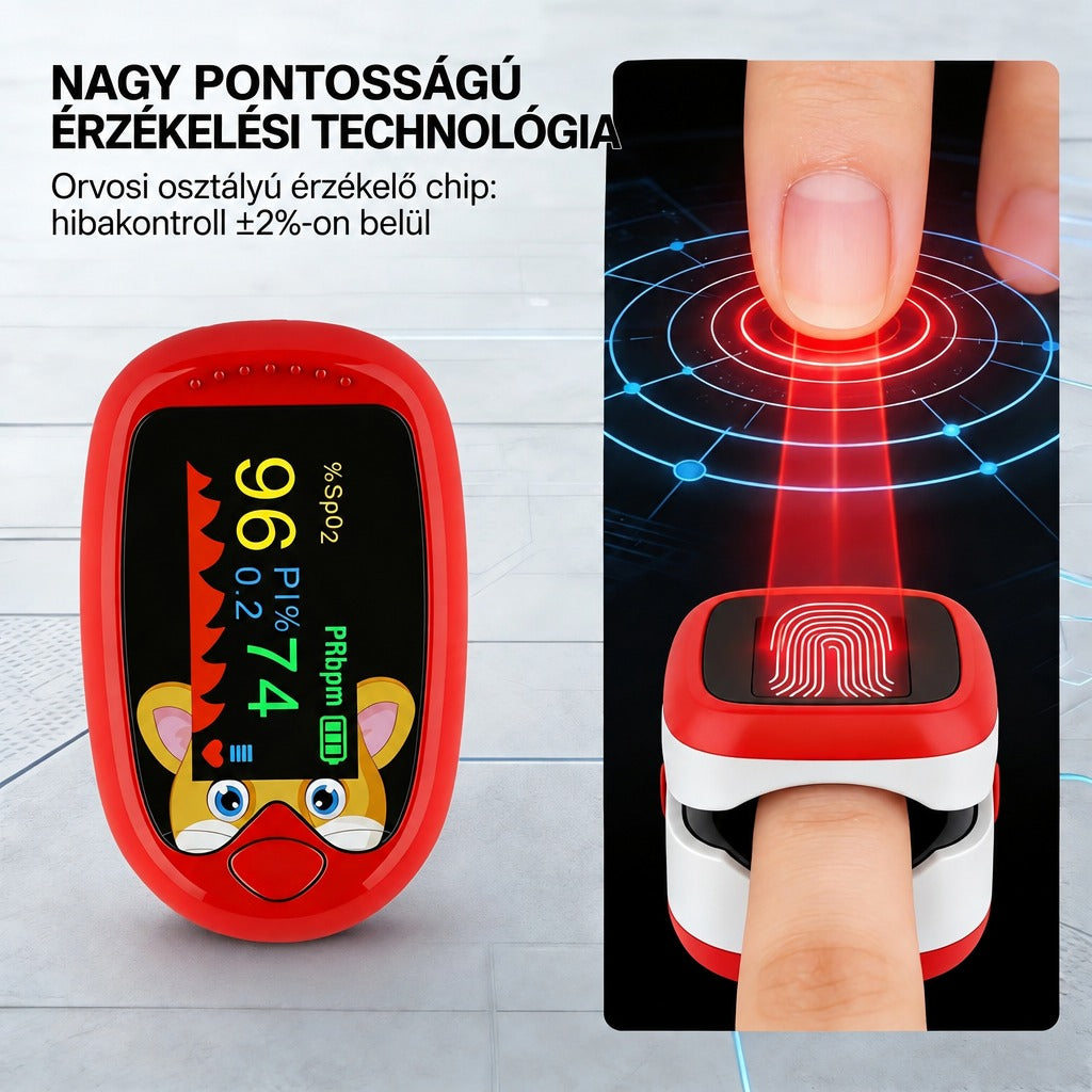 Gyermek pulzoximéter piros kivitelben, ujjra csíptetve mérés közben.