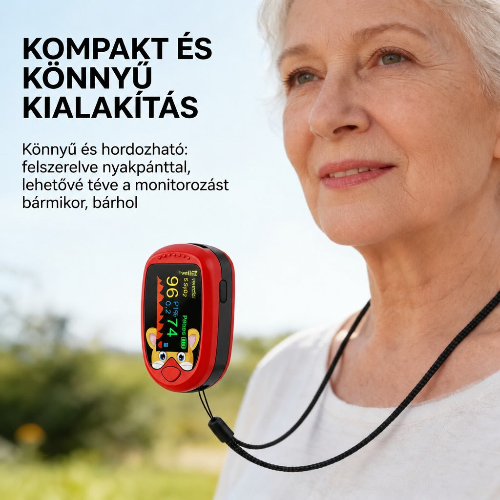 Idős nő nyakában hordható kompakt és könnyű pulzoximéterrel a szabadban.