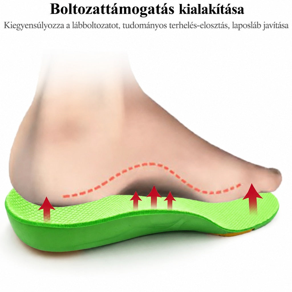 Zöld ortopéd talpbetét a láb boltozatát alátámasztva a helyes terheléseloszlásért.