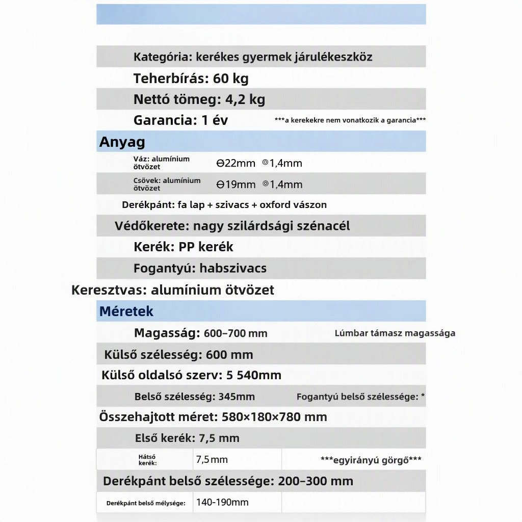 Gyermek járulékeszköz műszaki adatai és méretei táblázatban összefoglalva.