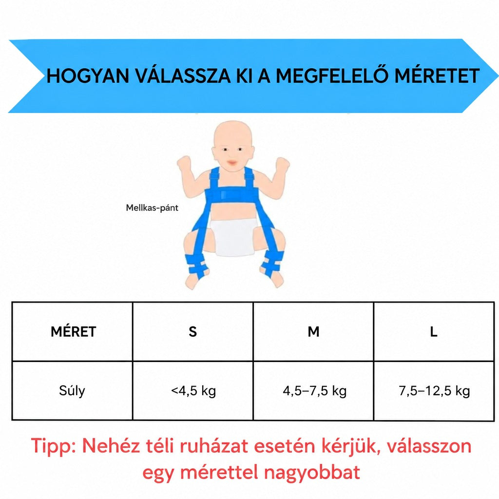 Mérettáblázat babahámhoz a megfelelő méret kiválasztásához testsúly alapján.