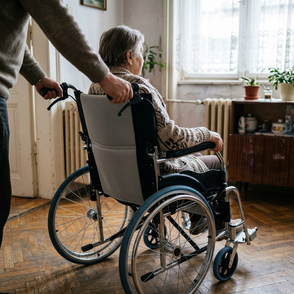 Kompakt, összecsukható kézi utazó kerekesszék - használat közben