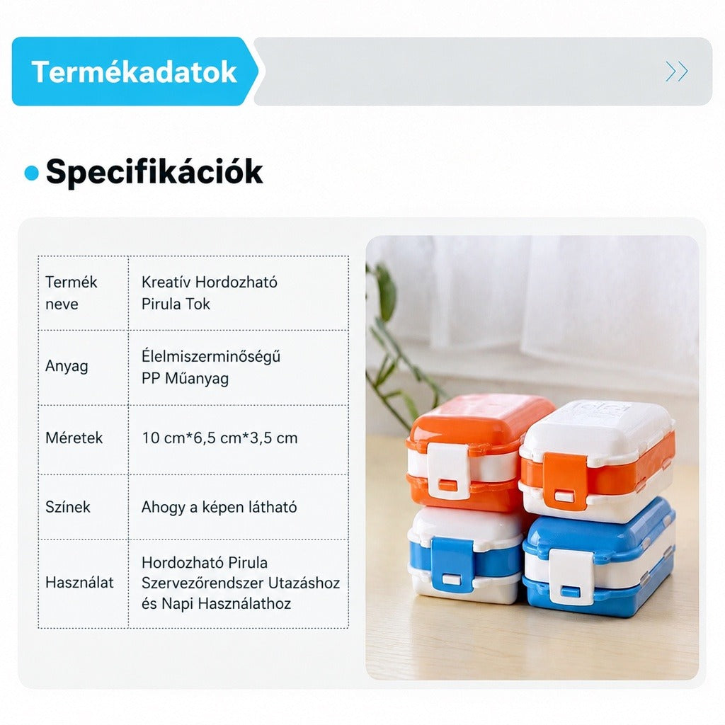 Hordozható színes gyógyszertartó dobozok és a termék specifikációs táblázata.