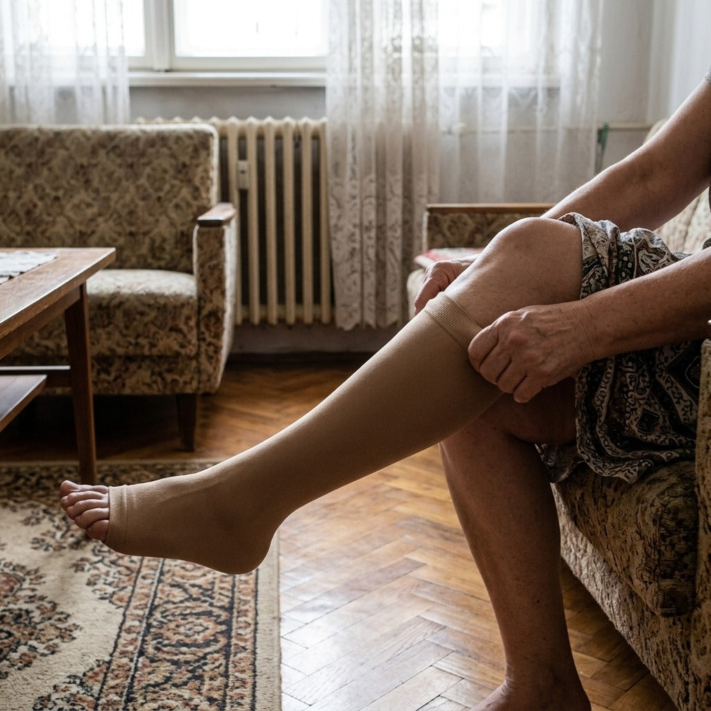 Kompressziós harisnya 23–32 mmHg, nyitott vagy zárt orrú - használat közben