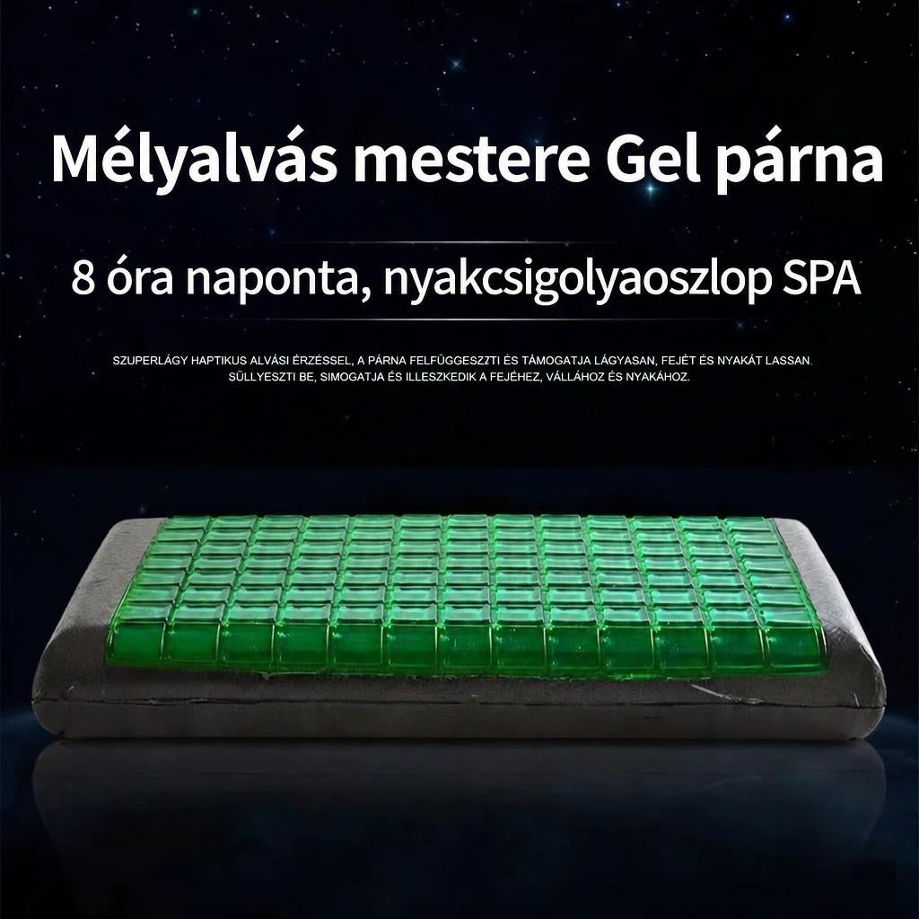 Zöld gélréteggel ellátott memóriahabos párna csillagos sötét háttér előtt.