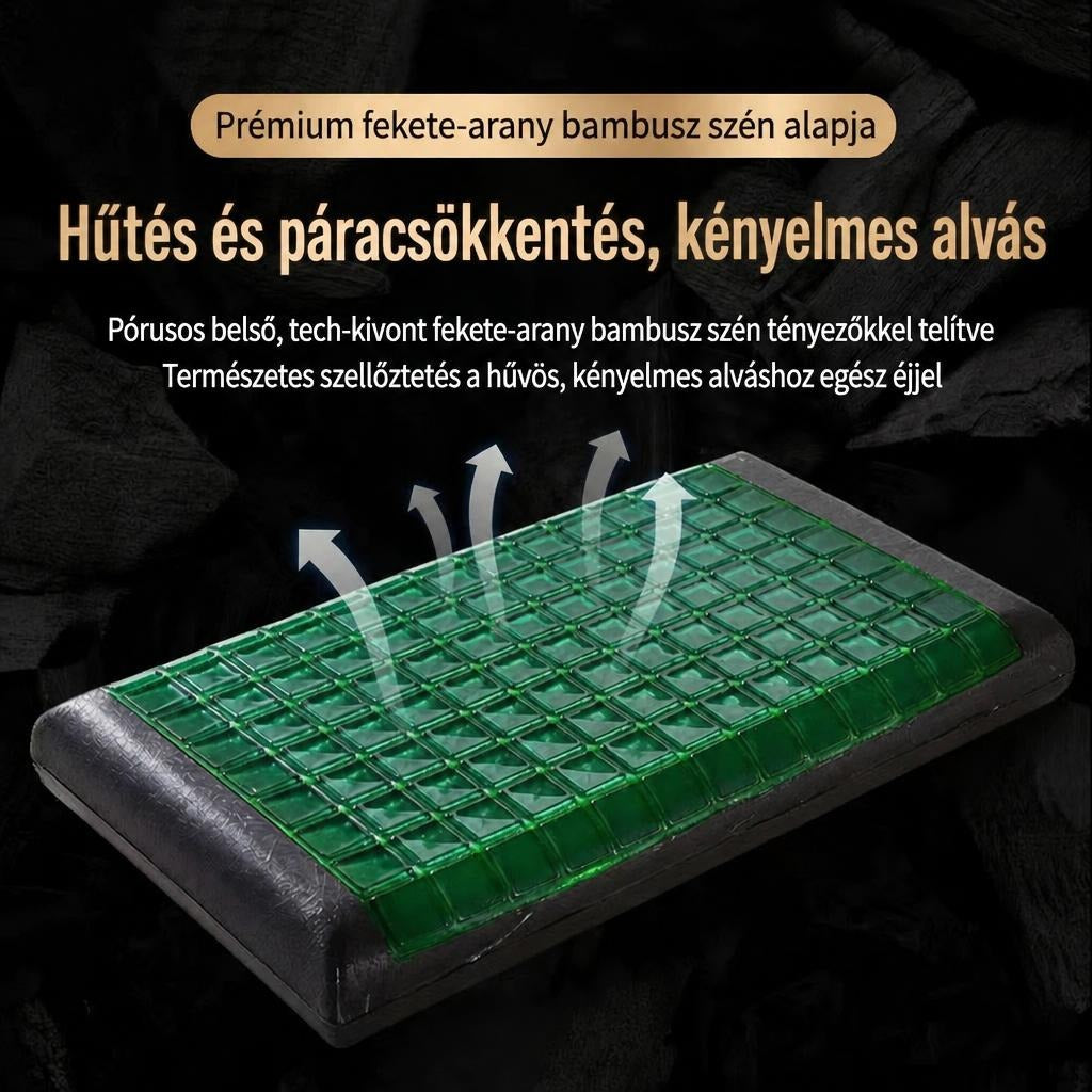 Hűsítő zöld gélpárna fekete bambusz szén alappal és szellőzést szemléltető nyilakkal.