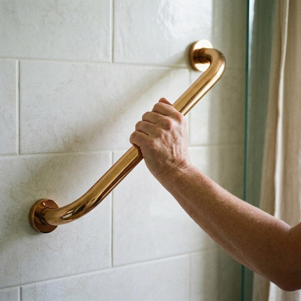 Copper Bathroom Grab Bar, 30–50 cm - in use