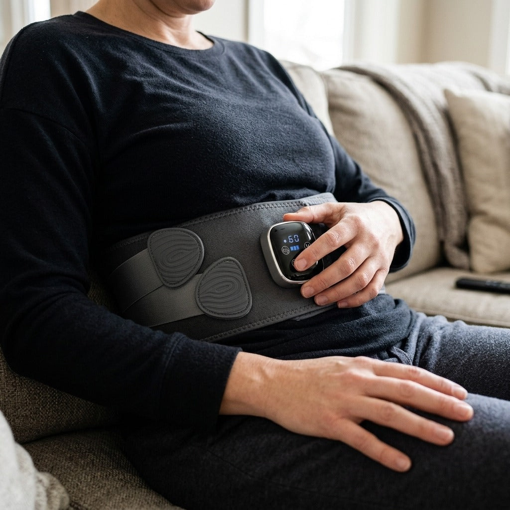 Cordless EMS Waist Belt with Heat and Vibration - in use