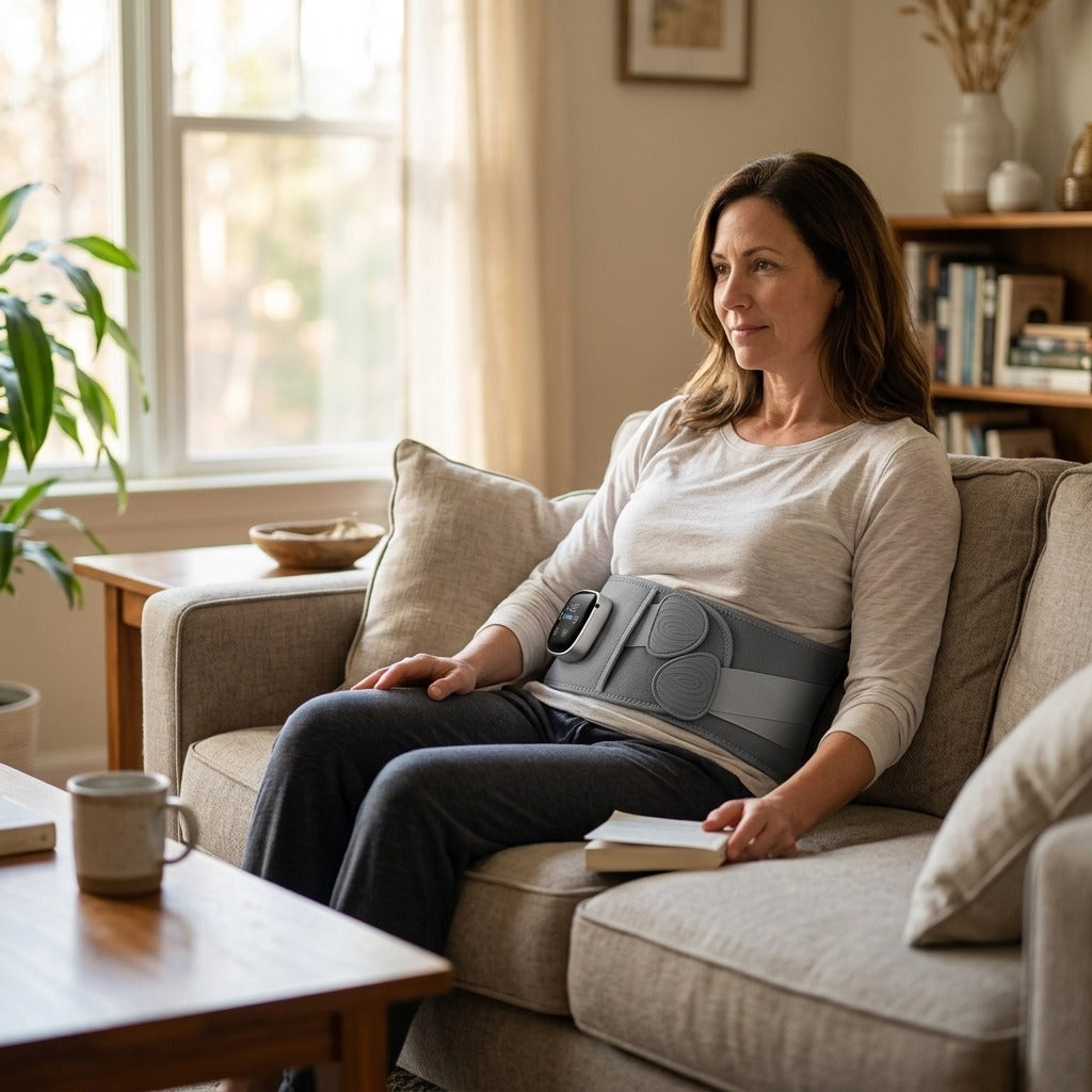 Cordless EMS Waist Belt with Heat and Vibration - at home