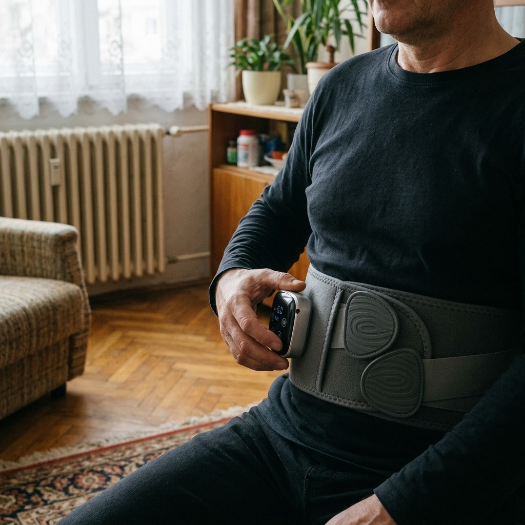 Vezeték nélküli EMS deréköv hővel és vibrációval - használat közben
