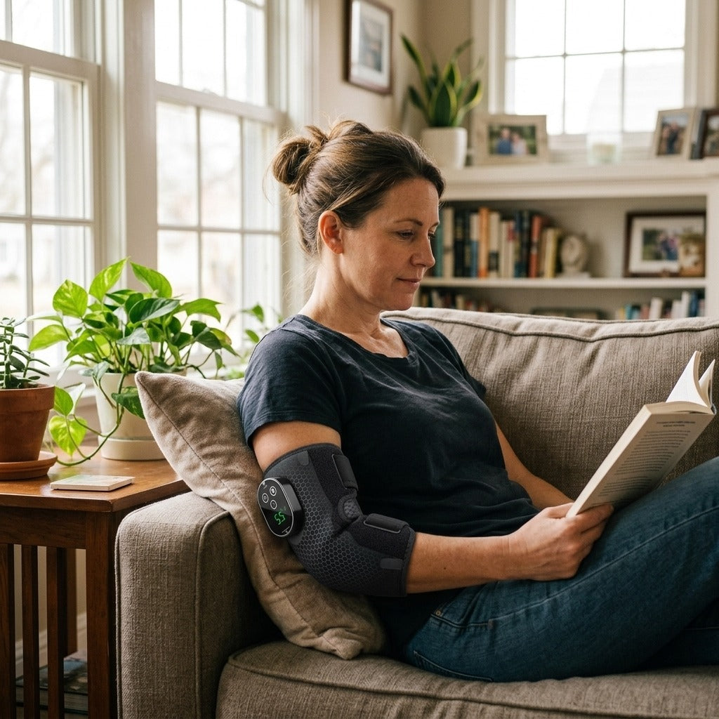 Cordless Heated Elbow Massage Brace with Vibration - at home