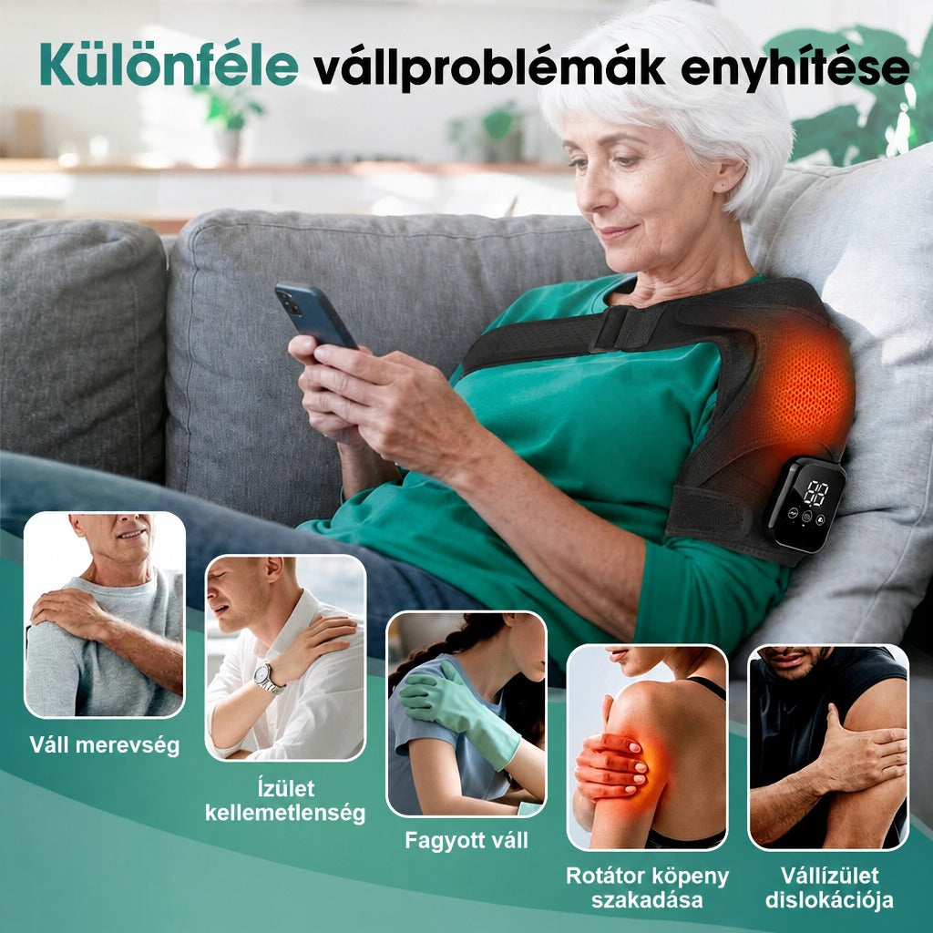Idős hölgy fűthető vállpántot visel a kanapén, bemutatva a különféle vállproblémák enyhítését.