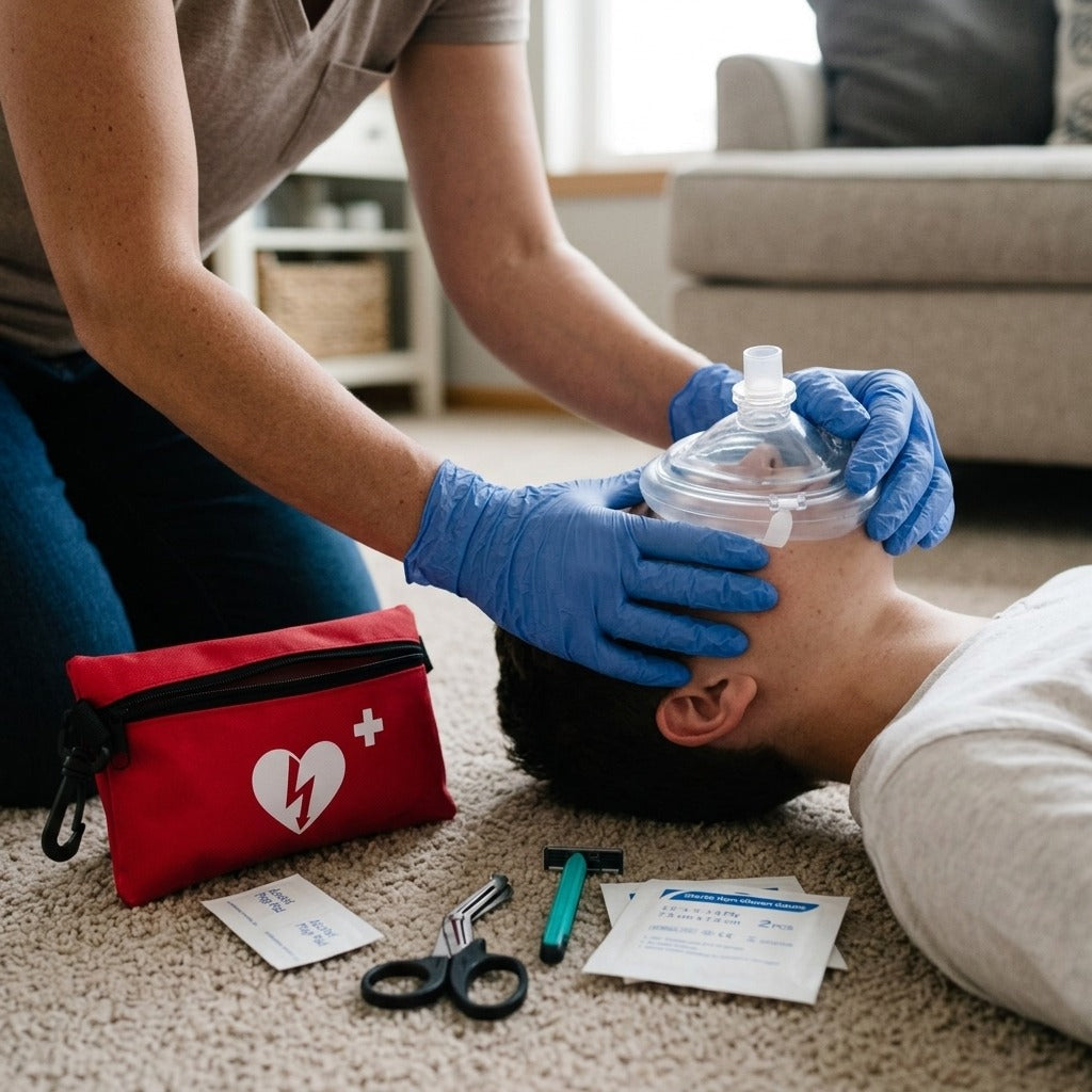 CPR Response Kit with Mask and Prep Pads - in use