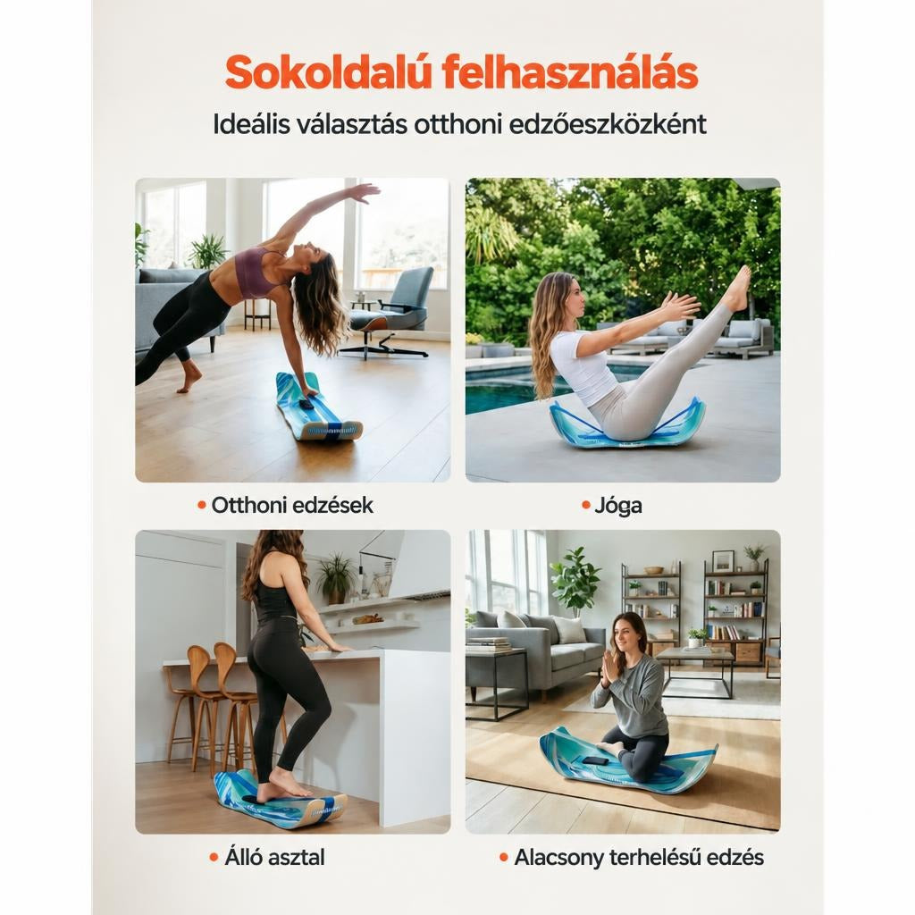 Egyensúlyozó deszka sokoldalú felhasználása otthoni edzéshez, jógához és álló munkához.