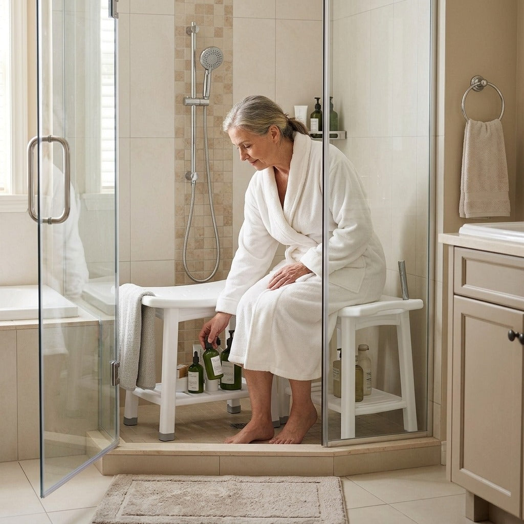 Cushioned Shower Chair with Two-Tier Storage - at home