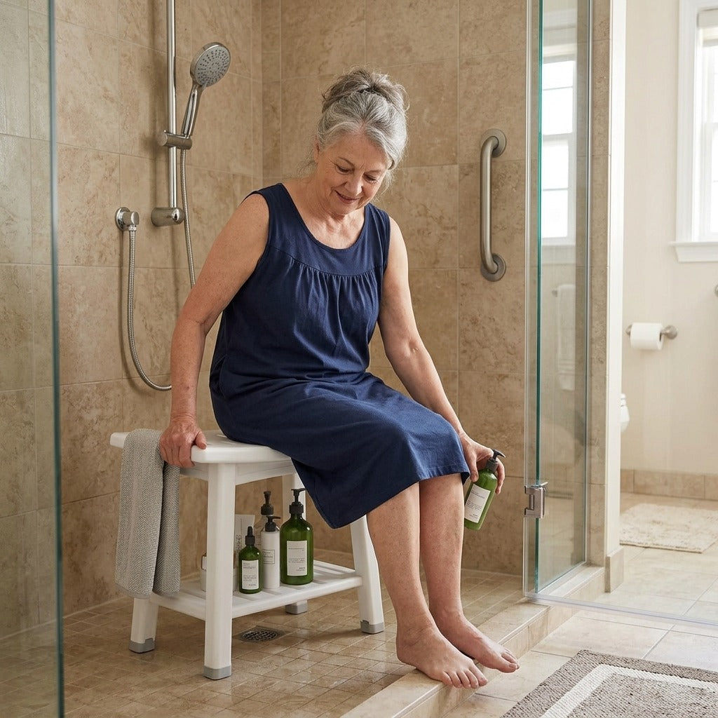 Cushioned Shower Chair with Two-Tier Storage - in everyday life