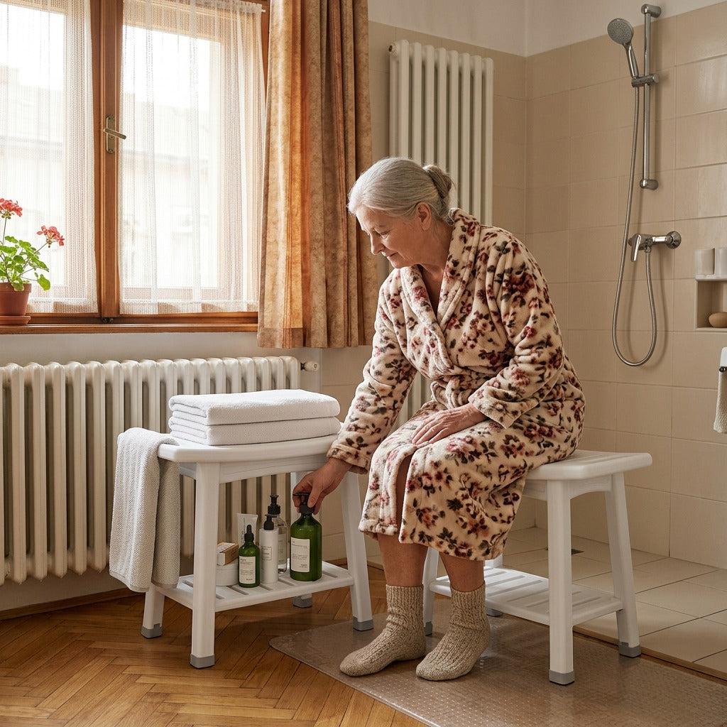 Párnázott zuhanyszék kétszintes tárolóval - otthon