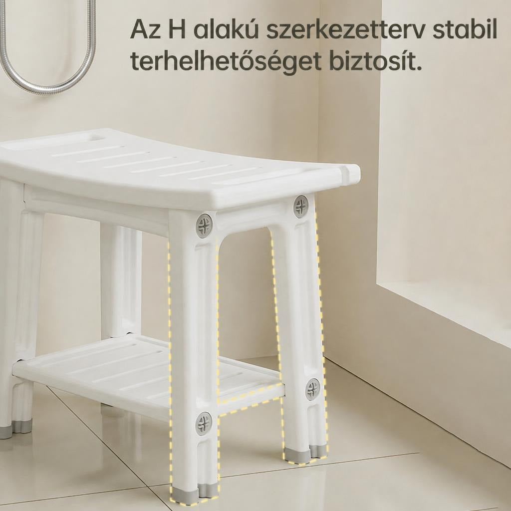 Fehér H alakú fürdőszobai ülőke stabil szerkezettel és alsó polccal.