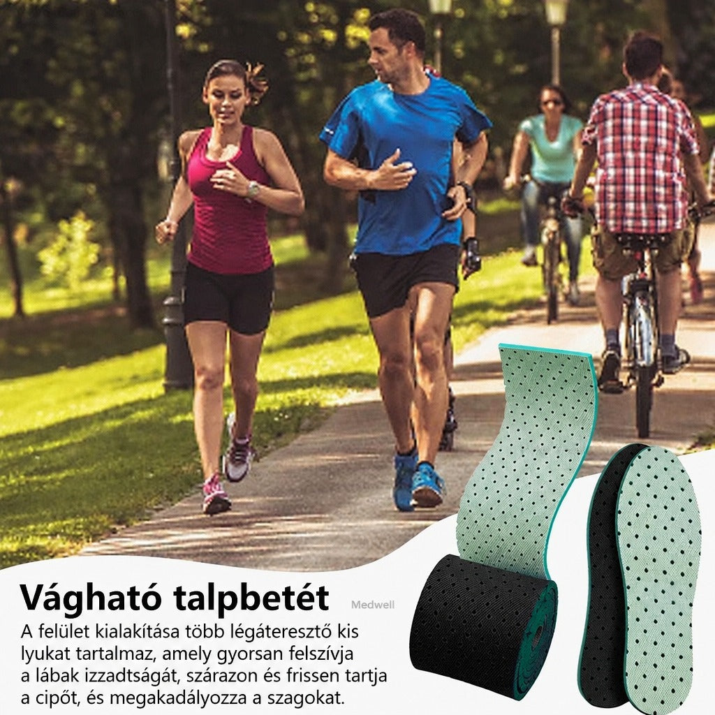 Futó emberek a parkban és mellette vágható, légáteresztő talpbetét tekercsben és párban.