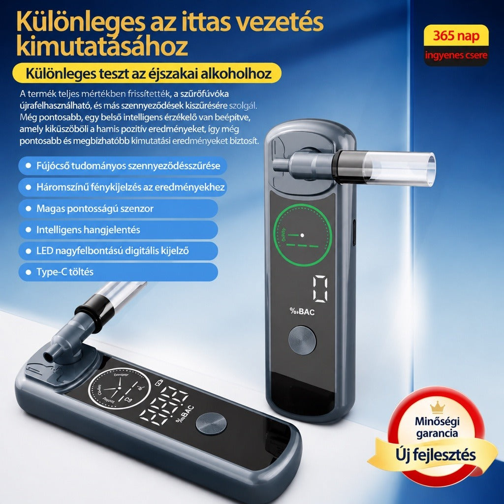 Digitális kézi alkoholszonda kijelzővel és cserélhető fúvókával.