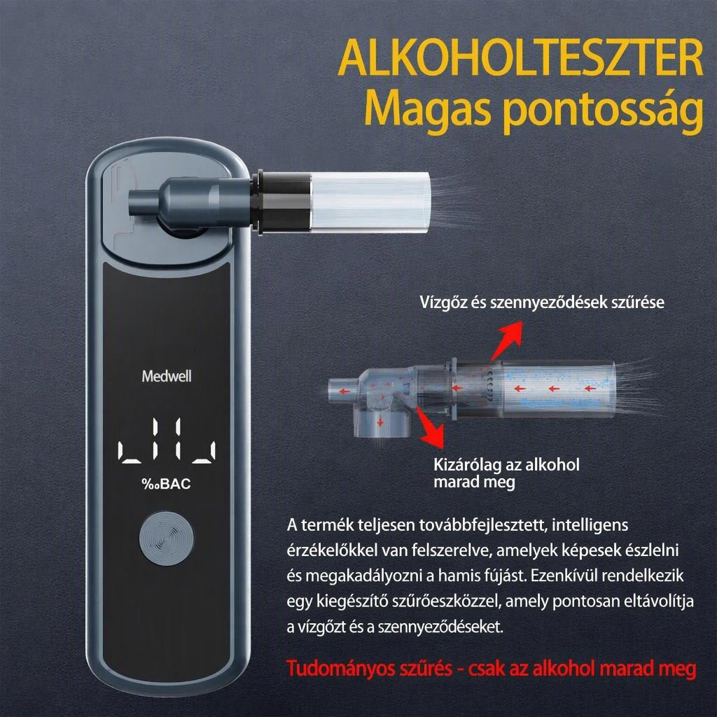 Medwell digitális alkoholteszter szűrővel és működési magyarázattal
