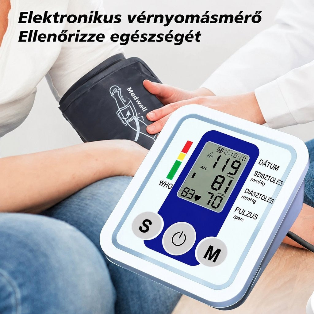 Elektronikus vérnyomásmérő mandzsettával a karon és digitális kijelzővel.