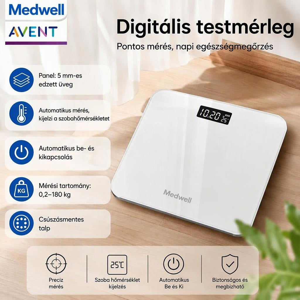 Fehér Medwell digitális testmérleg funkcióit bemutató infografika