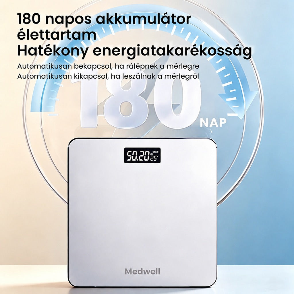 Fehér Medwell digitális személymérleg energiatakarékos működéssel és 180 napos akkumulátor-élettartammal.