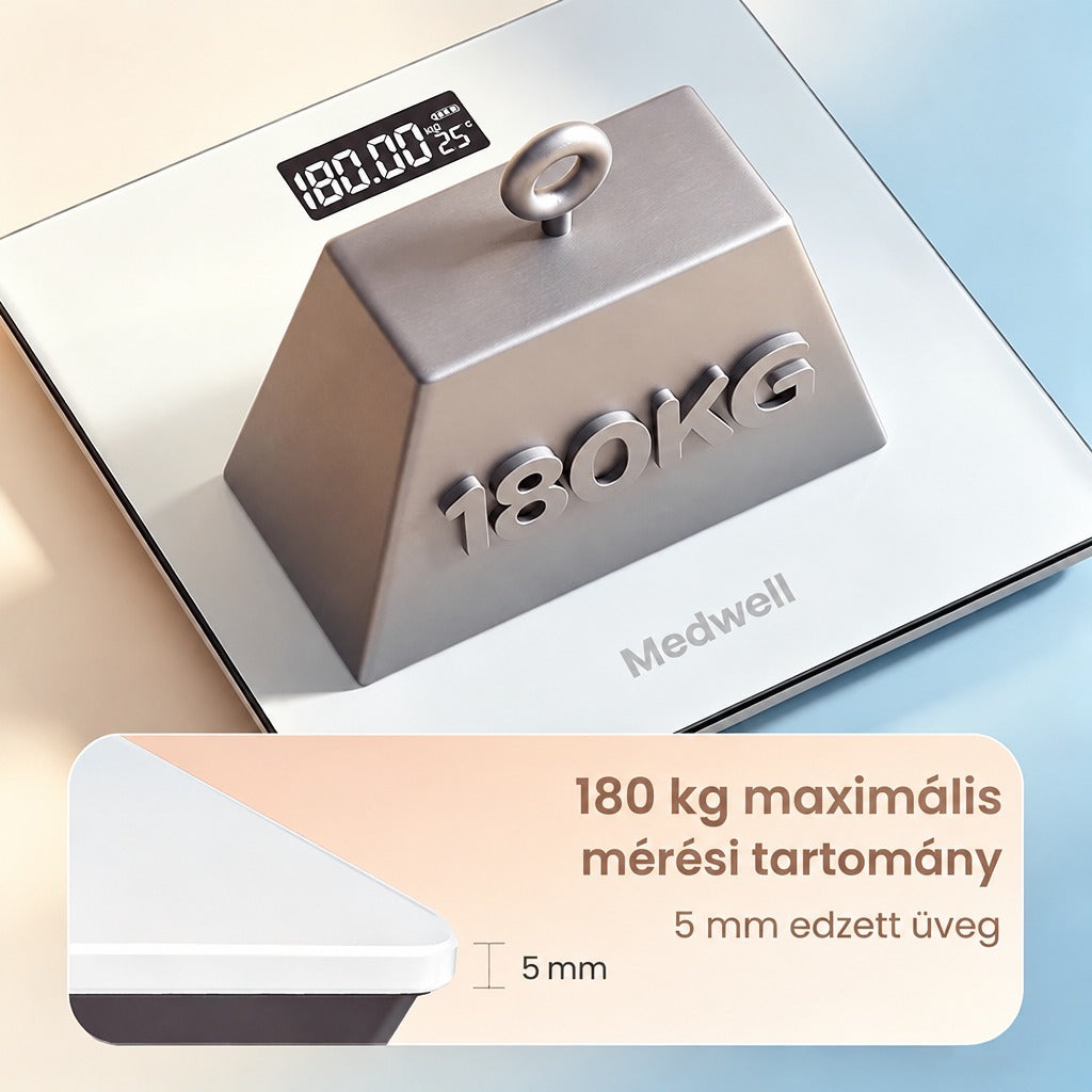 Medwell digitális személymérleg 180 kg maximális méréshatárral és 5 mm vastag edzett üveglappal.